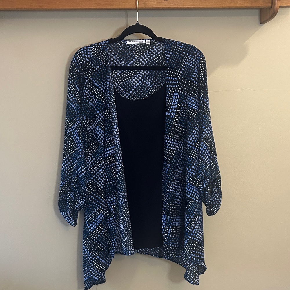 Notations Blue and Black Open-Front Patterned Lightweight Top